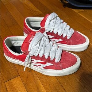 STRAYE Red and White Sneakers with Flame Design